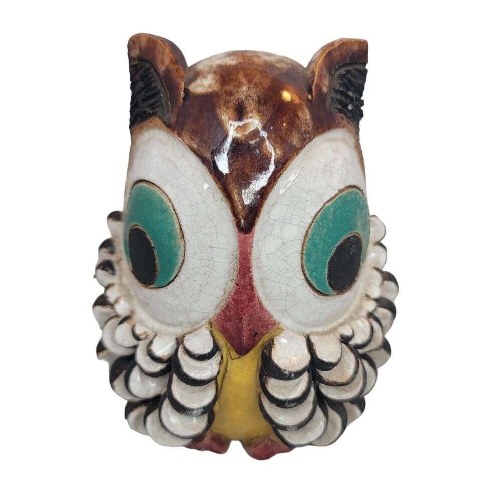 Handmade pottery owl bank big eyes textured cork bottom